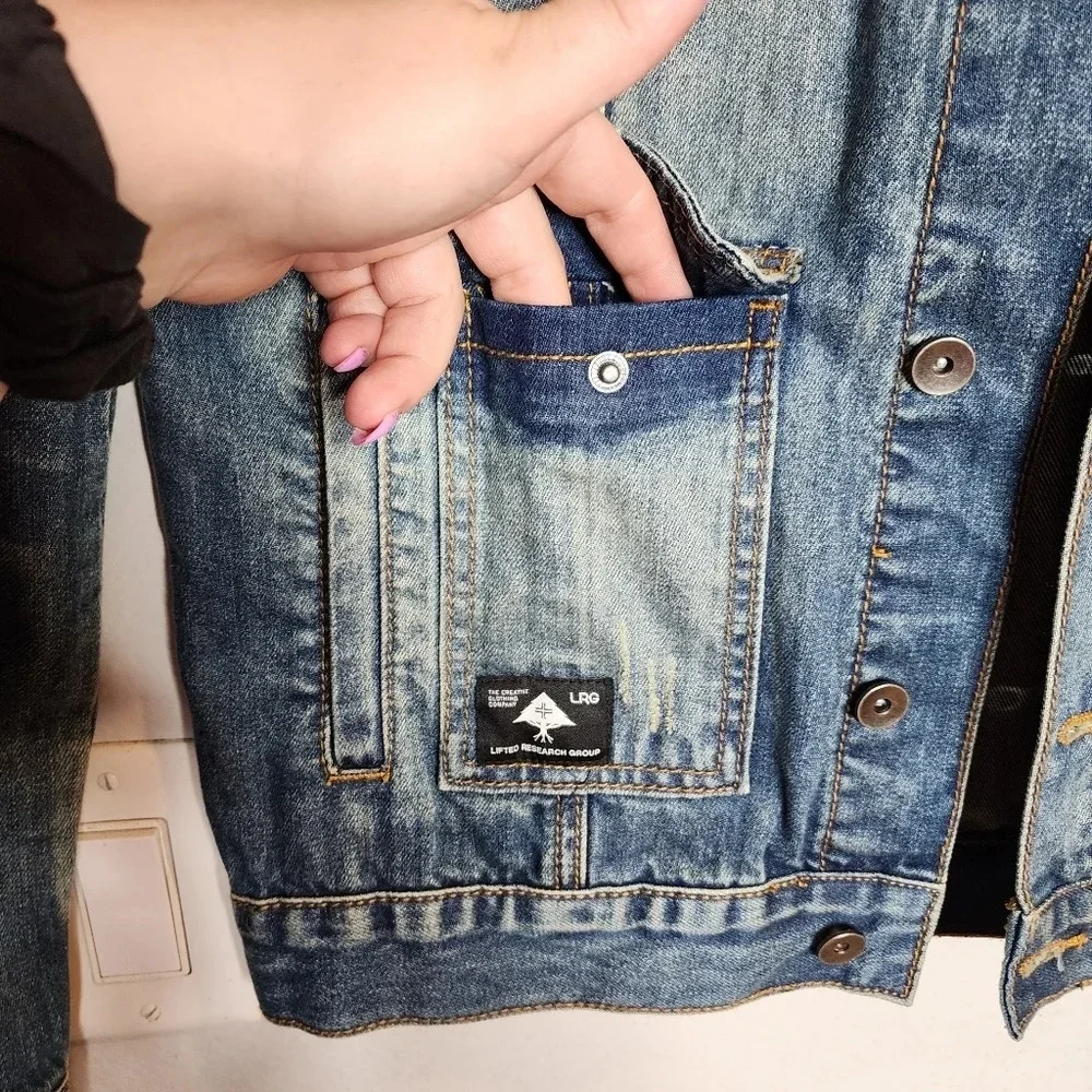LRG Lifted Research Group Denim Distressed Hooded‎ Jacket.  Men's size small.